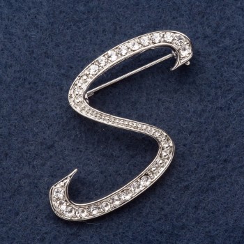 Brooch series "Initial S" 3x3 cm gray metal, rhinestones