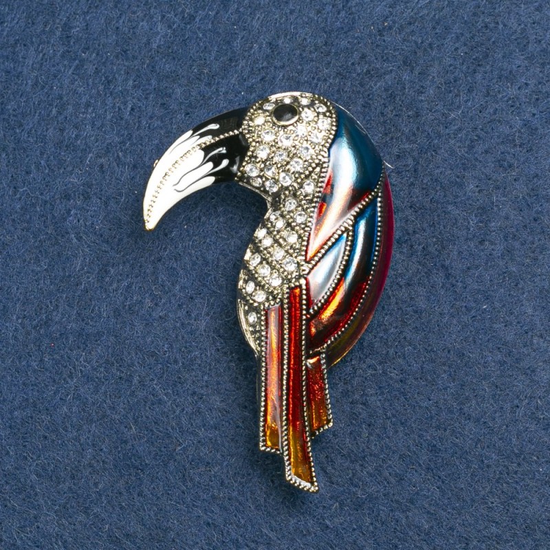 Brooch Toucan golden metal, enamel and rhinestones 36x16mm +