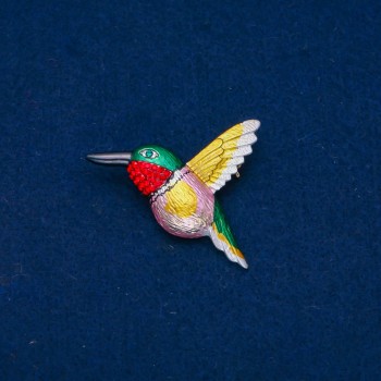 Brooch 'Bird' with enamel and green and red rhinestones, golden metal 37x44mm +