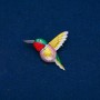 Brooch 'Bird' with enamel and green and red rhinestones, golden metal 37x44mm +