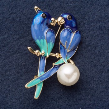 Brooch "Pair of Parrots" 5.5×2 cm blue enamel, yellow metal