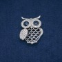 Owl Brooch, white rhinestones, blue crystals, silver metal 43x35mm +