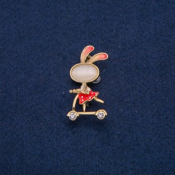 Brooch 'Bunny on a Scooter' with White Crystals, Gold-Toned Metal, Red Enamel, Cabochon Cat's Eye (breeze) 43x21mm +