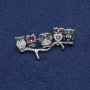 Brooch Owl with Silvered Metal, White, Red, and Green Rhinestones and Chalcedony 52x33mm +