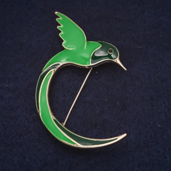 Brooch Bird green enamel, golden metal 35×55mm