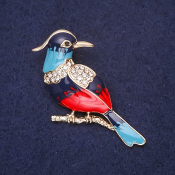 Brooch Bird Ibis with rhinestones blue light blue red white 45x25mm golden metal