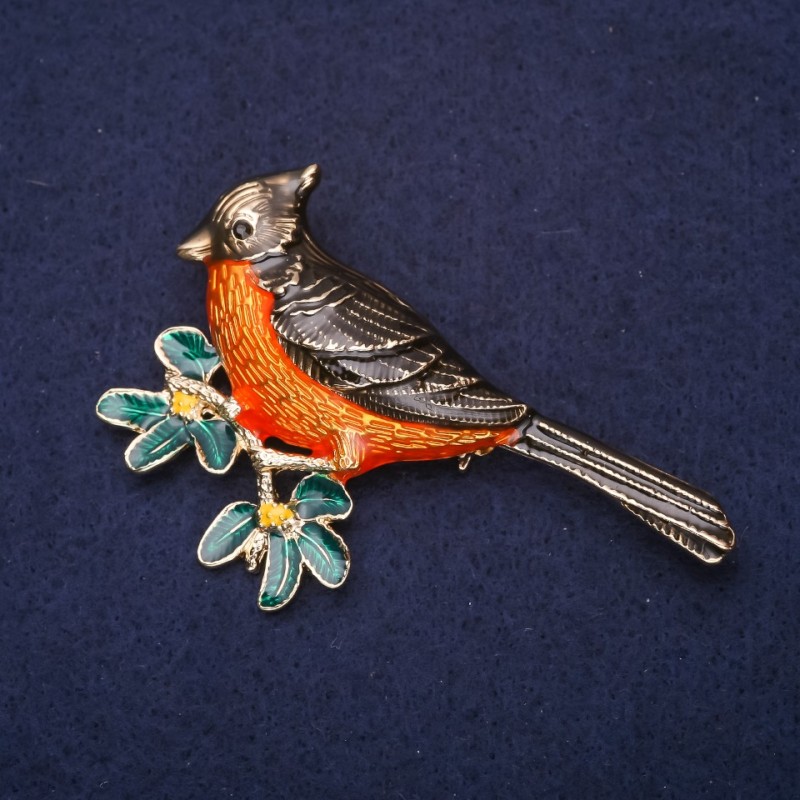 Brooch Bird on a Branch Enamel Orange Green Black 69x48mm Gold-tone Metal