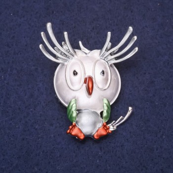 Brooch Owl "Good morning" enamel crystals color gray white brown green 47x38mm silver metal
