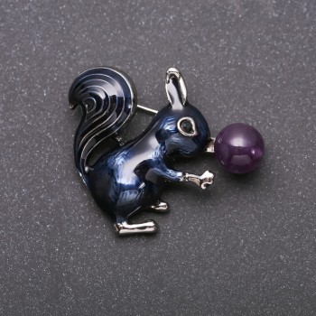 Brooch Squirrel with Amethyst, blue enamel, silver metal, 35x40mm