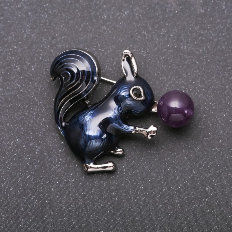 Brooch Squirrel with Amethyst, blue enamel, silver metal, 35x40mm