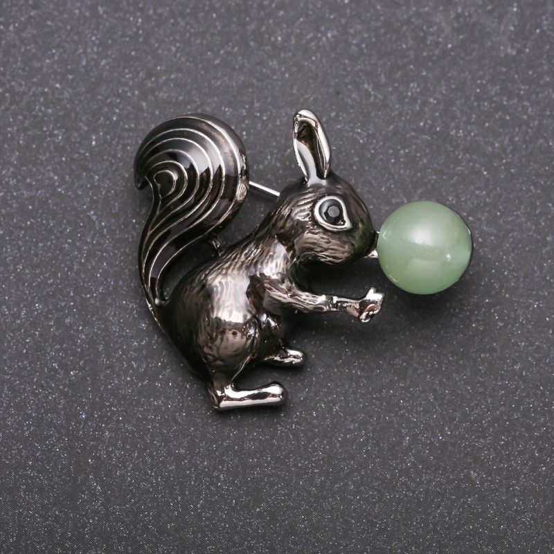 Brooch Squirrel with Jade Enamel Black Silver Metal 36×39mm
