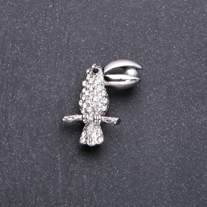 Brooch Bird Toucan with White Crystals 32×20mm White Metal