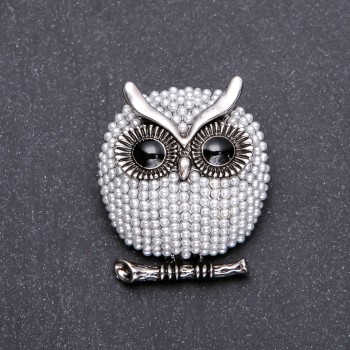 Brooch Owl in Beads 34x40mm Gray Metal