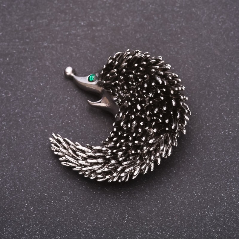 Pangolin Brooch with Green Rhinestones 43x43mm, Gray Metal