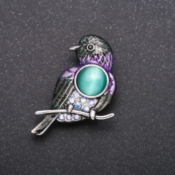 Brooch Bird Purple Rhinestones Chameleon Color Metal "Grey" 40x25mm
