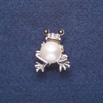 Brooch "Frog with White Pearl" (size) Metal color silver 3x2.5 cm