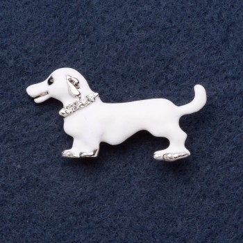 Brooch "Dachshund Albino" 4x2 cm with rhinestones, white enamel, gray metal