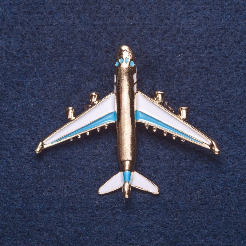 Brooch "Plane" white and blue enamel with gold-tone metal 4x5 cm