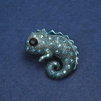 Brooch Chameleon gold-toned metal, enamel and rhinestones 42x30mm +