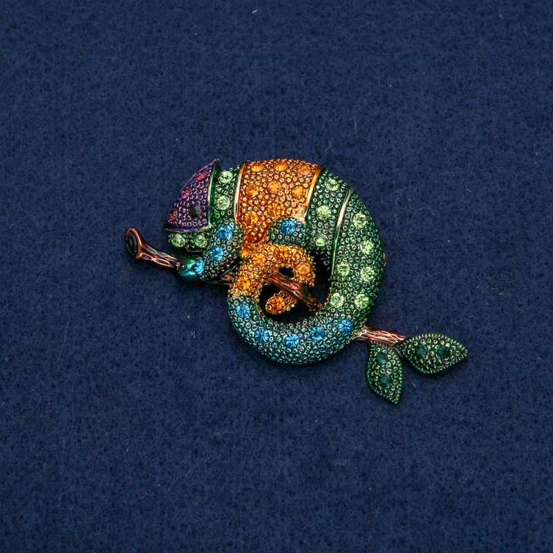 Chameleon Brooch, golden metal with black, yellow, green, blue, violet, and dark green rhinestones 63x35mm