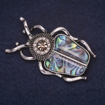 Brooch Beetle Scarab 50x30mm with rhinestones satin finish Halotite green metal silver