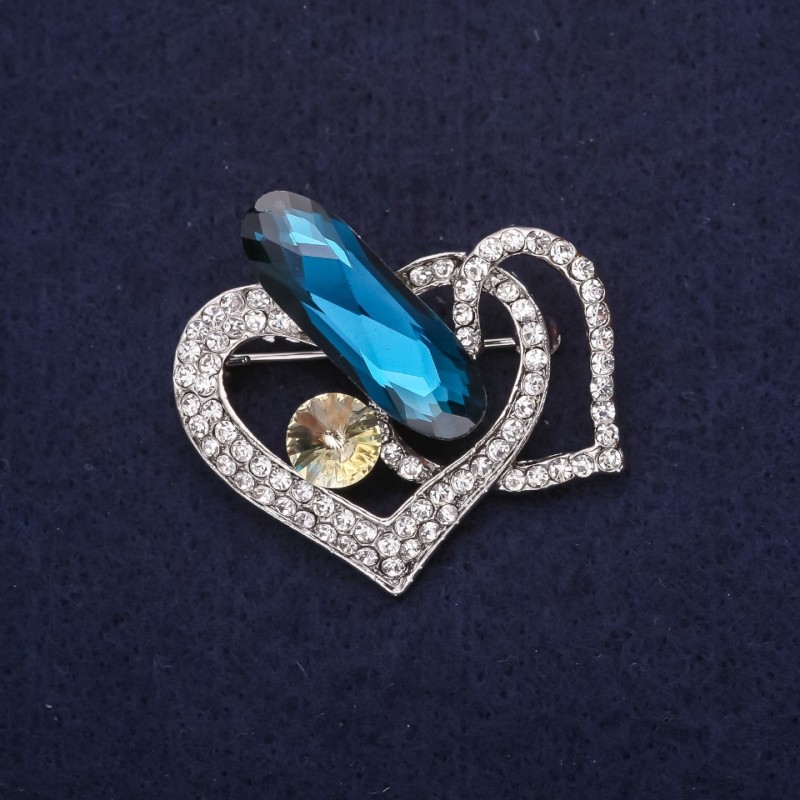 Brooch Hearts in Rhinestones with Stone Color White Blue Yellow 38x36mm Silver Metal