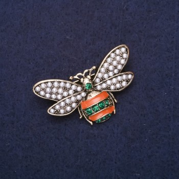 Brooch Bee in Pearl Beads, Rhinestones, Enamel, Brown, Green, White, 40x24mm, Gold-Tone Metal