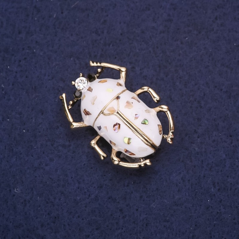 Brooch Beetle White Enamel Chalcedony 33x24mm Yellow Metal