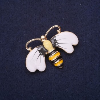 Brooch Bee-Moth enamel white yellow gray black 41x30mm golden metal