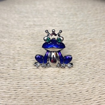 Brooch Frog, silver-toned metal, rhinestones and enamel 30mm +