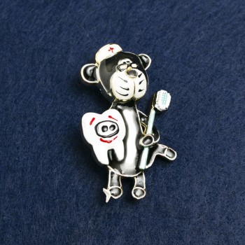 Brooch Bear Dentist Gold-Tone Metal and Enamel 50x30mm +