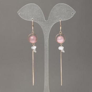 Earrings Xuping 18K Gold Plating with Pink Cat Eye and White Crystals, 13mm diameter +-, length 100mm +-