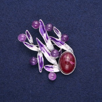 Brooch Leaves with Amethyst, purple enamel, silver metal 38x53mm