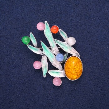 Brooch Leaves Amber and Cat's Eye (loose) green enamel, silver metal 38x53mm