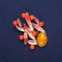 Brooch Leaves with Amber (single) and Cat's Eye, red enamel, golden metal 38x53mm