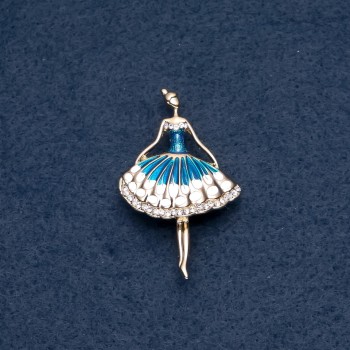 Brooch "Ballerina" blue enamel 30x50mm metal color "gold"