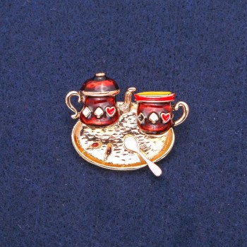 Brooch 'Evening Tea' brown enamel, gold-tone metal 31x36mm
