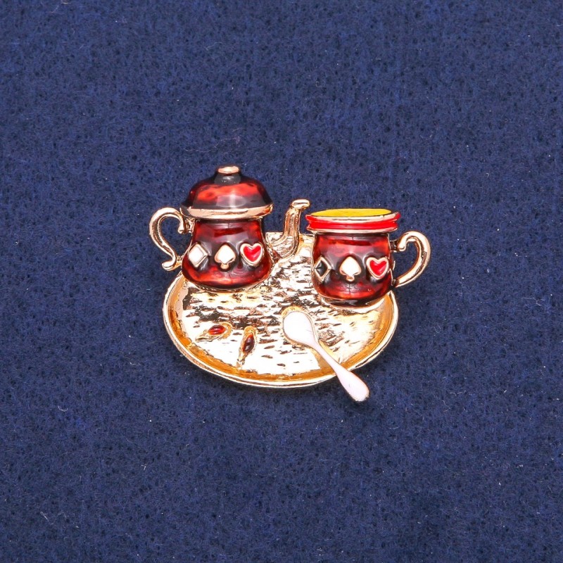 Brooch 'Evening Tea' brown enamel, gold-tone metal 31x36mm