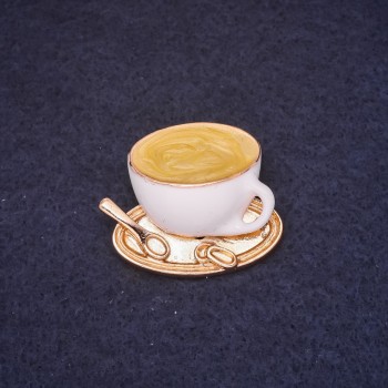 Brooch "Coffee Cup" 25x30mm enamel color white yellow gold-tone metal