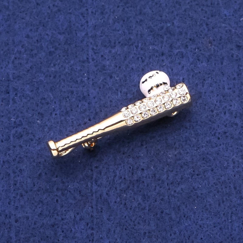 Brooch Baseball Bat with Crystals, Golden Metal 13x40mm