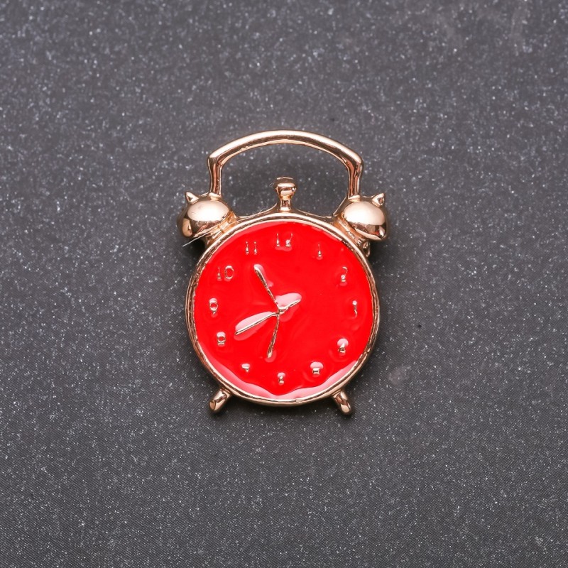 Brooch Clock Alarm Red Enamel Yellow Metal 20x27mm
