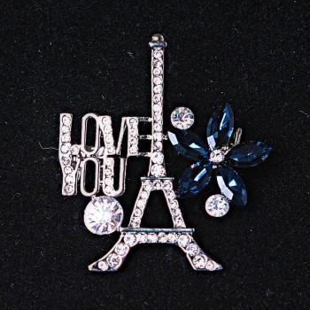 Brooch Paris silver-toned metal with rhinestones and blue crystals 40x35mm +