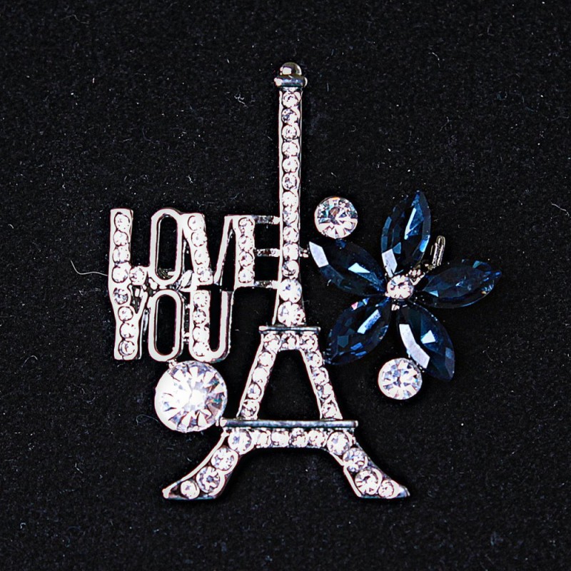 Brooch Paris silver-toned metal with rhinestones and blue crystals 40x35mm +