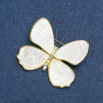 Brooch Butterfly golden metal, white Pearl and gasoline crystals 38x45mm +