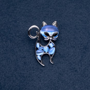 Brooch 'Cat' blue Cat's Eye stone color of metal 'silver' 30x45mm