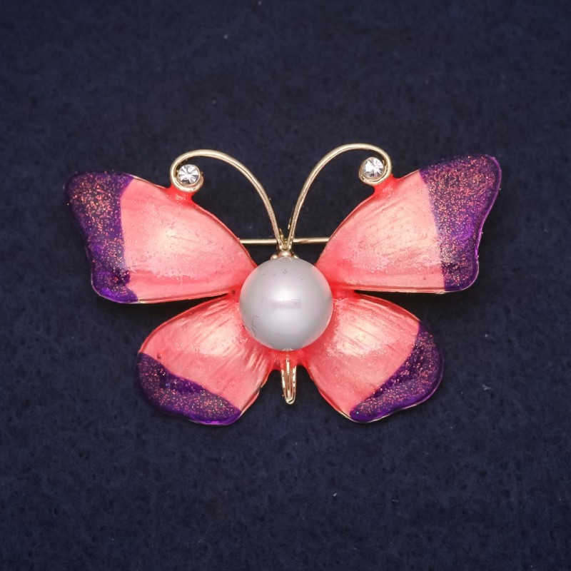 Brooch Butterfly 47x30mm rhinestones enamel color white purple pink metal golden