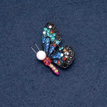 Brooch "Butterfly" multicolor rhinestones 40x33mm insect series metal color "silver"