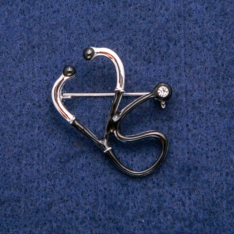 Brooch Scetoscope, white enamel black enamel 33x29 mm silver metal