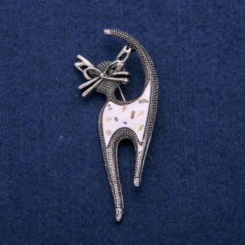 Brooch 'Cat' with Enamel, Chalcedony, and Crystals 30x73mm, Silvery Metal