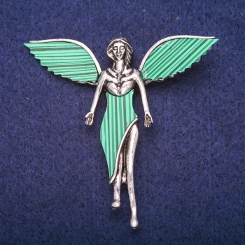 Brooch Angel with Malachite Inlay (pressed) Silver Tone Metal 59x60mm